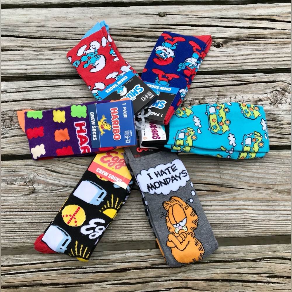 MY FAVORITES 6 Pair Licensed Socks Smurfs Garfield Scooby Doo Eggo Waffles OSFM